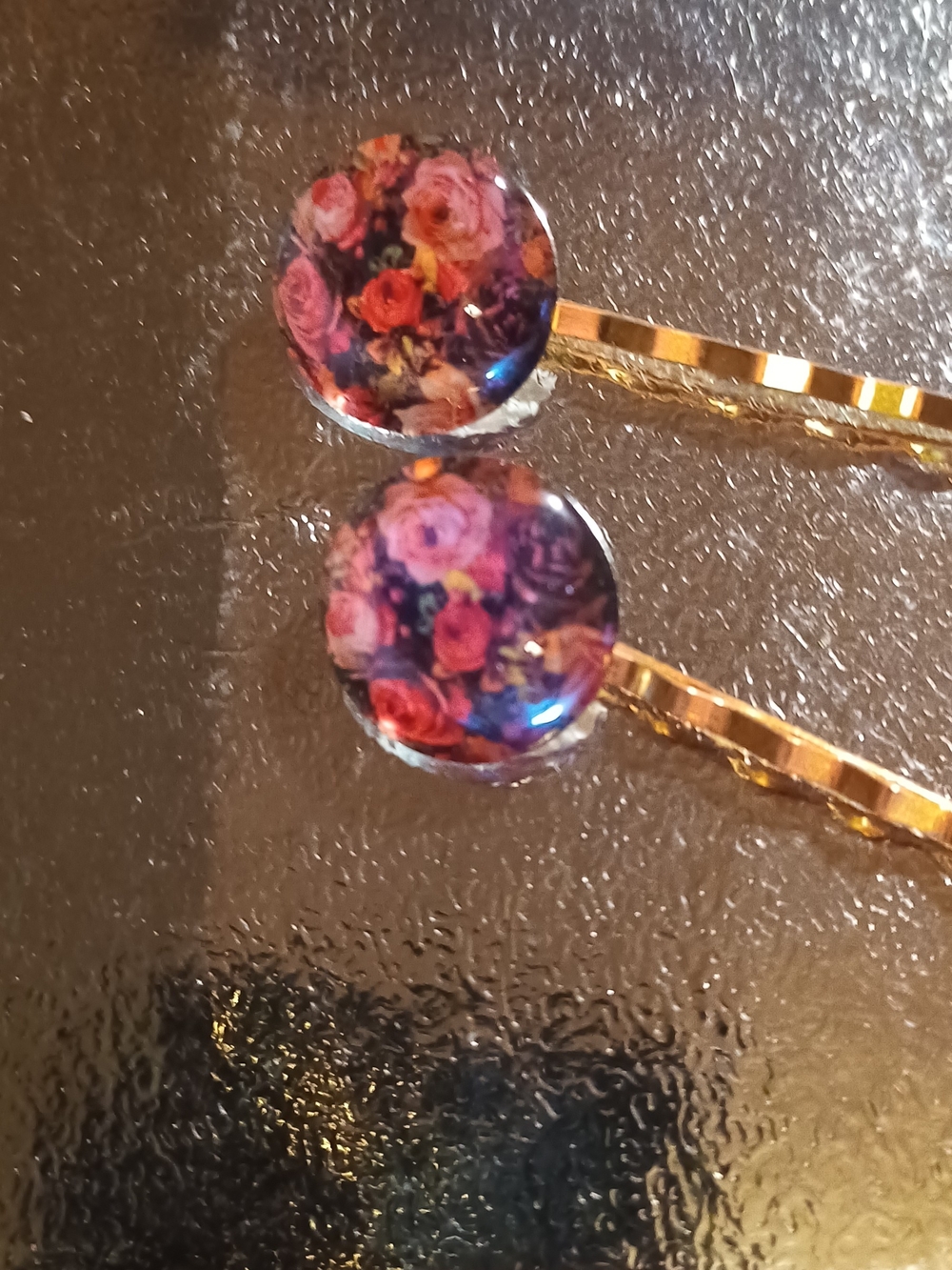 Floral Glass Cabochon Hair Pins - Pink & Purple Roses